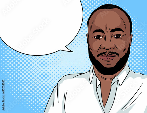 Color vector illustration in pop art style. A businessman in a white shirt stands on a blue background. Successful African American man with beard. Concept design for business application