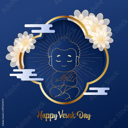 Cute Buddha line art drawing in meditation pose. Flat vector cartoon design