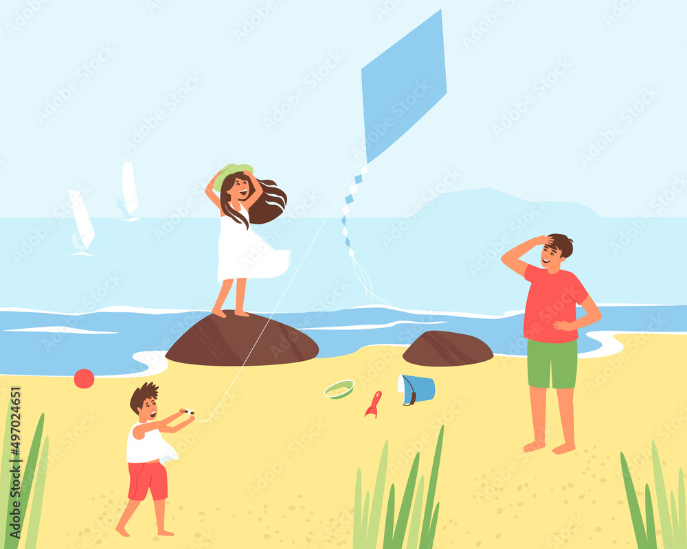 A boy is flying a kite on the beach. Dad rests with children in the summer. Summer vacation dad with children on the sea beach. Flat vector illustration.