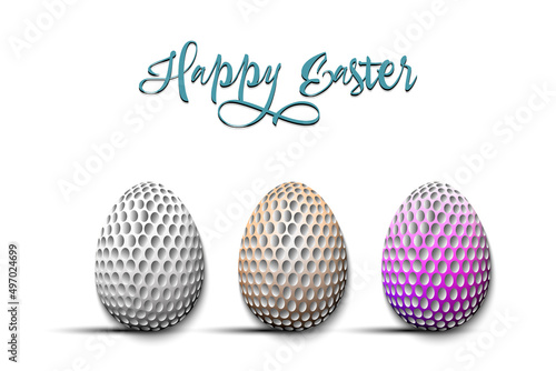 Happy Easter. Set eggs decorated in the form of a golf balls different colors. Eggs shaped golf balls. Pattern for greeting card, banner, poster. Vector illustration on isolated background