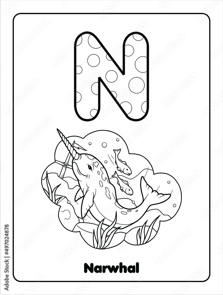 Black and white Letter N for Narwhal Coloring pages for preschool kids ...