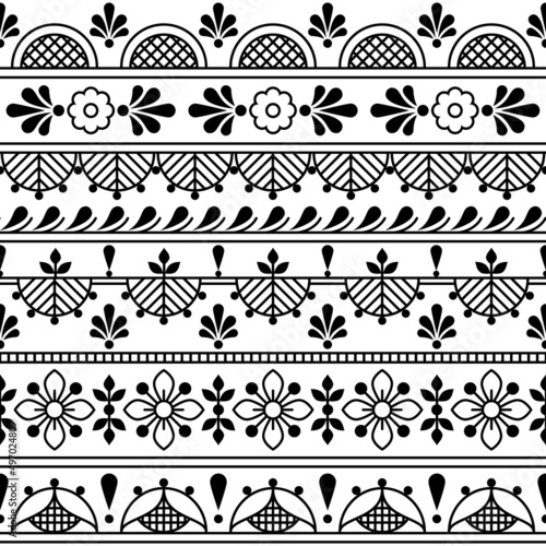 Scandinavian textile or fabric print vector seamless pattern with flowers, traditional folk outline embroidery and lace art design in black and white 
