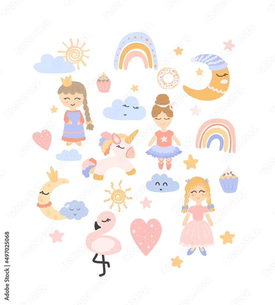 Set of cute pink characters. Drawn cartoon princesses, flamingo, rainbow, clouds, unicorn. Cartoon vector characters. Set of cute pink characters. Drawn cartoon princesses, flamingo, rainbow, clouds, unicorn. Cartoon vector characters.