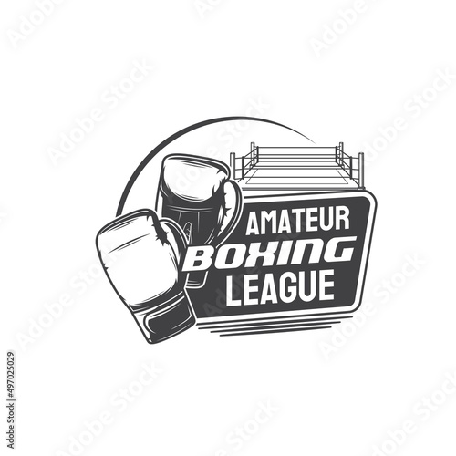 Amateur boxing icon with rink and gloves. Fighting club or sport school badge, boxing league competition monochrome vector sticker or vintage emblem. Boxing sport club or gym retro symbol