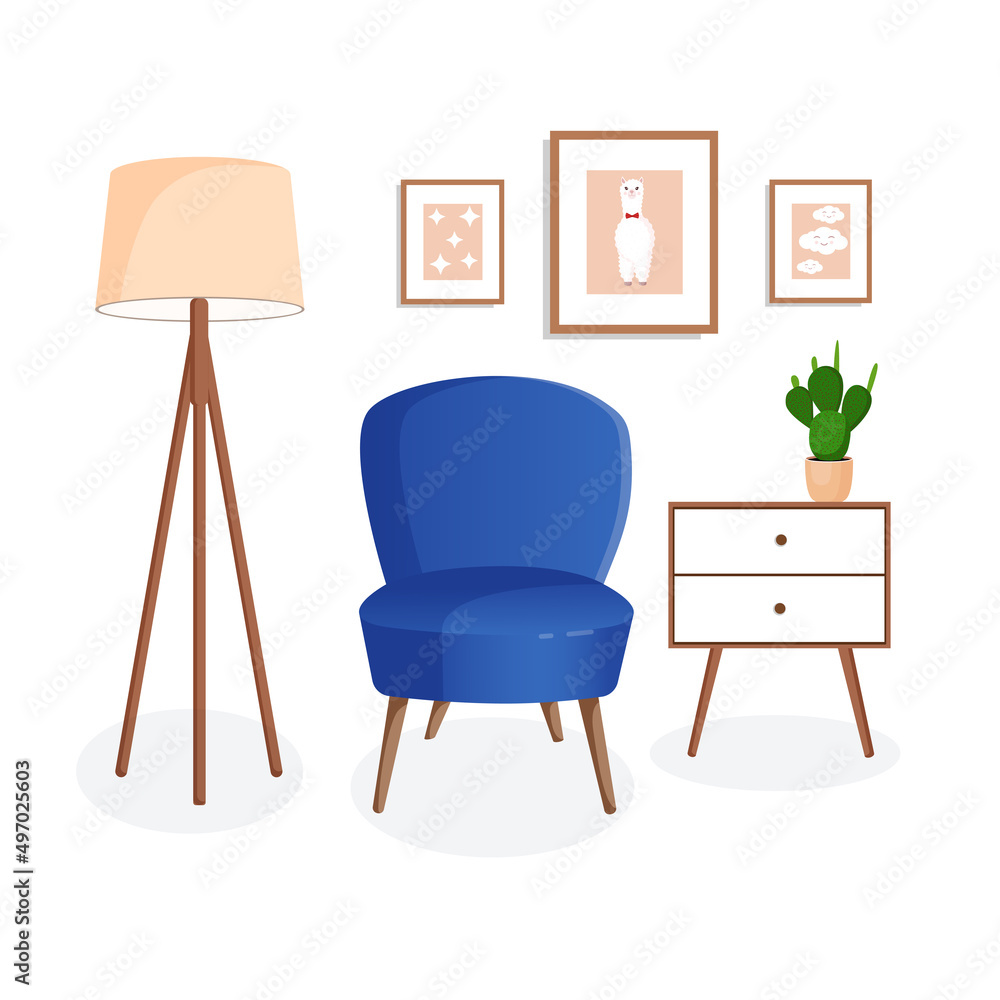Fototapeta premium Cute interior with modern furniture and plants. Design of a cozy living room with soft chair, house plant, pictures and lamp. Vector flat style illustration.