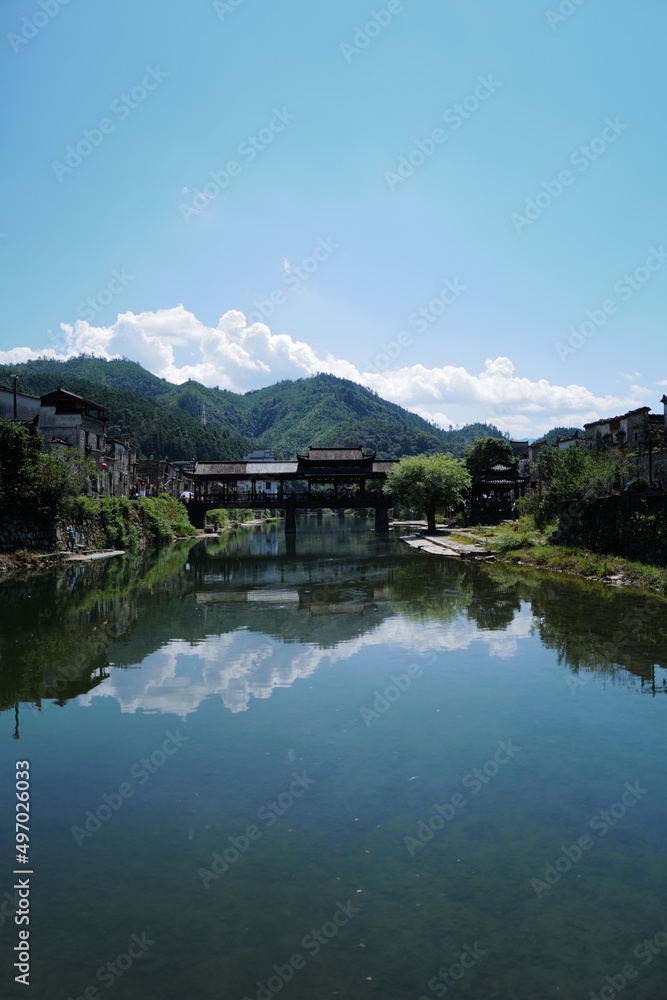 Old Chinese village with mountain and river natural surrounding