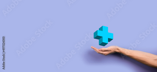 Businessman hold 3D plus icon, man hold in hand offer positive thing such as profit, benefits, development, CSR represented by plus sign.The hand shows the plus sign