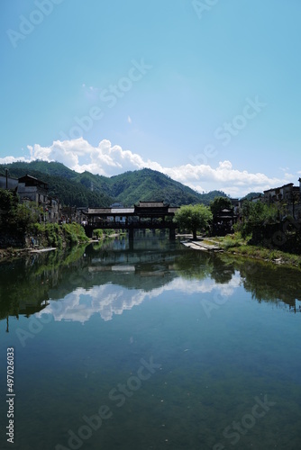 Old Chinese village with mountain and river natural surrounding