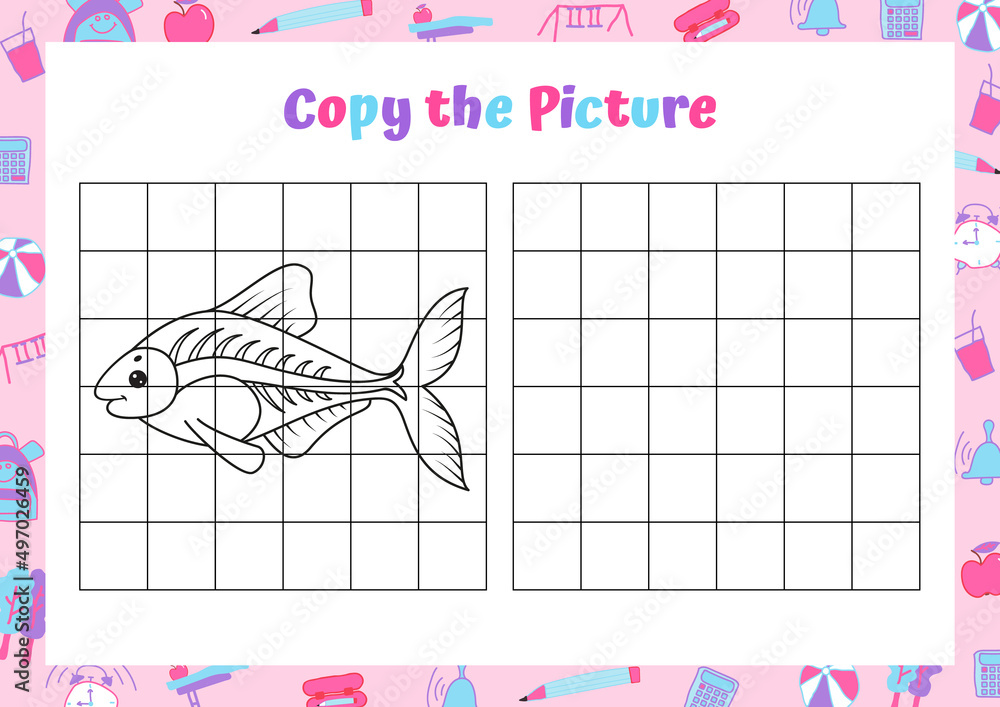 Copy the picture. XRay Fish. Drawing activity for kids. Educational