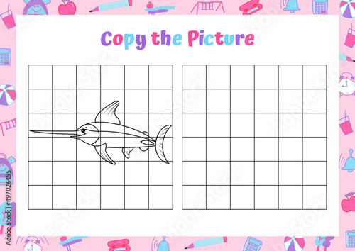 Copy the picture. Xiphias Gladius fish. Drawing activity for kids. Educational game for preschool children. Vector Illustration. 