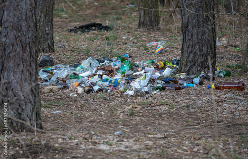 abandoned garbage after a picnic in the woods. environmental disaster