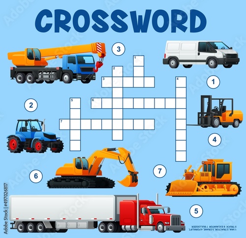 Construction machinery, heavy equipment and transport crossword grid worksheet. Find a word quiz game, educational riddle or kids logical playing activity, intellectual puzzle vector page with cars