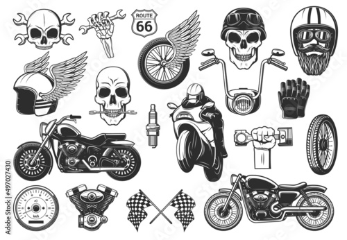 Billede på lærred Motorcycle riding and racing engraved icons set