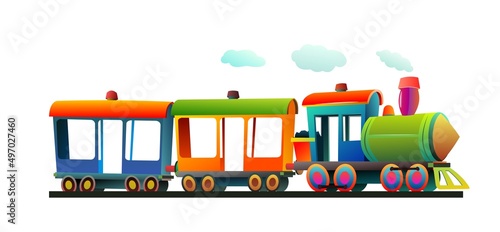 Locomotive rides on railroad. Multicolored wagons. Cartoon style illustration. Cute childish. Isolated on white background. Vector