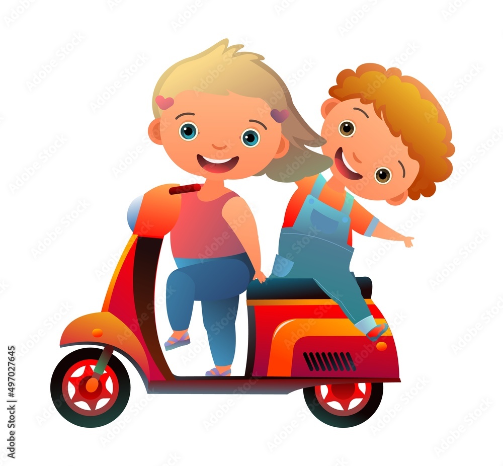 Scooter motorcycle. Boy kid little passenger and girl driving. Cartoon style illustration. Cute childish. Isolated on white background. Vector Scooter motorcycle. Boy kid little passenger and girl driving. Cartoon style illustration. Cute childish. Isolated on white background. Vector