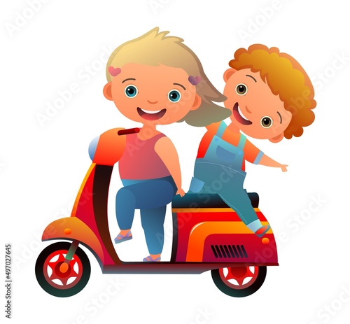 Scooter motorcycle. Boy kid little passenger and girl driving. Cartoon style illustration. Cute childish. Isolated on white background. Vector