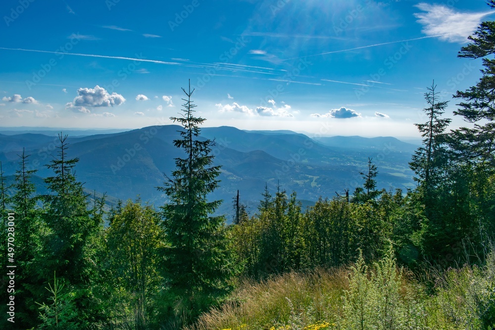 A view of the Beskid Mountains  towards Radhost mountain as seen from Lysa Hora, the highest peak of the Beskids in Czechia