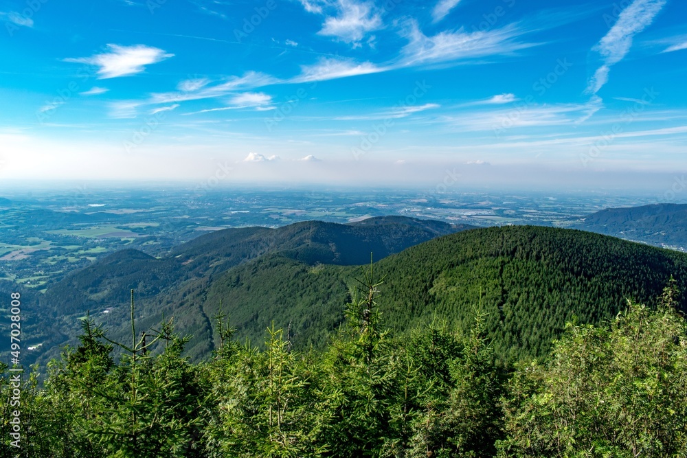 A view from Lysa Hora, the highest peak of the Beskid Mountains, towards Ostrava city in Czechia