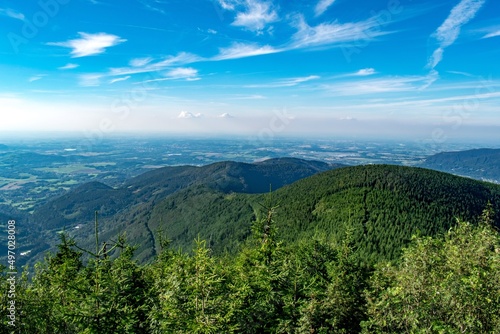 A view from Lysa Hora, the highest peak of the Beskid Mountains, towards Ostrava city in Czechia