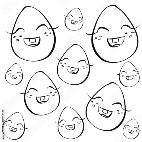 Digital drawn black and white pattern with funny laughing eggs for colorind on white background. Digital design object