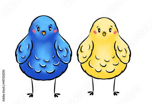 Awesome set of blue and yellow colorful isolated cute chickens for Easter of farming decoration. Unic design design