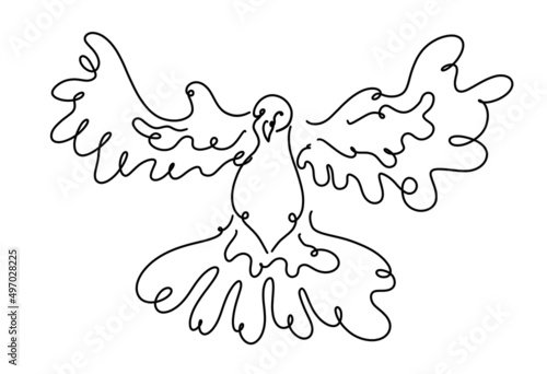 Unusual black and white sketch of flying phoenix-like bird with wide opened wings on the white background