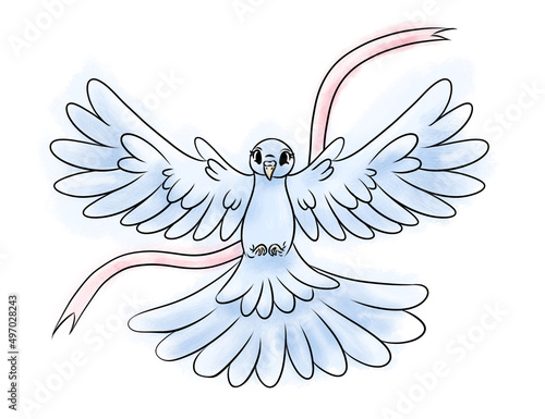 Digital illustration of Easter symbol - flying gentle blue and white pigeon with gentle pink ribbon on white background