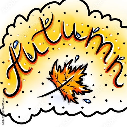 Digital drawn colorful orange and white logo of autumn season with leafs and clouds on white background. Digital design