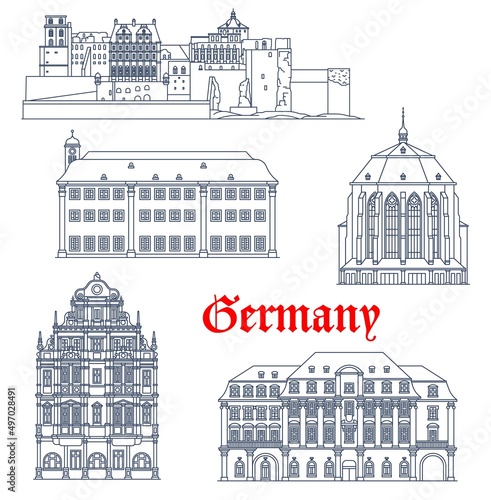 Germany Heidelberg architecture vector buildings and castles, travel landmarks. Heiliggeistkirche Church of Holy Spirit, Heidelberg Schlossberg castle, Ruprecht Karl University and Rathaus in Germany