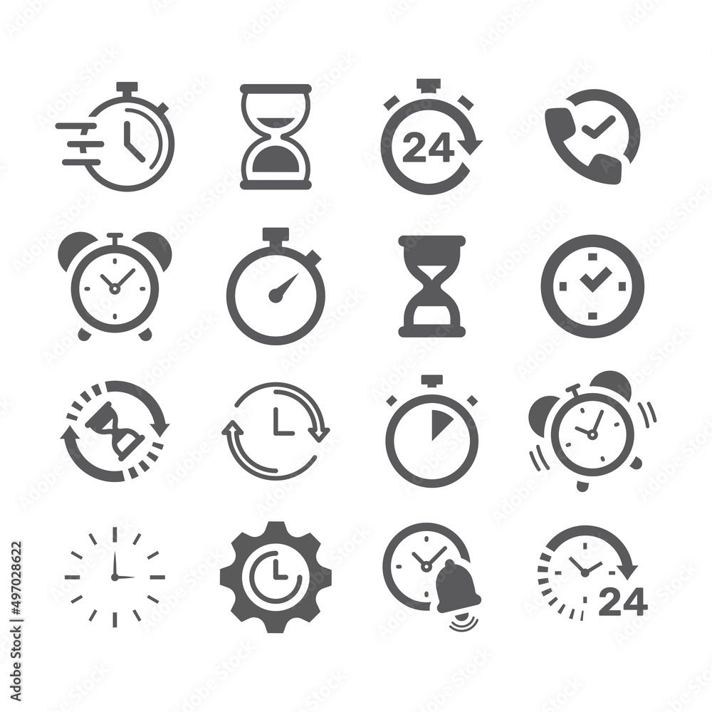 Clock, stopwatch black vector icon set. Chronometer, fast watch and 24 hours filled icons. Clock, stopwatch black vector icon set. Chronometer, fast watch and 24 hours filled icons.