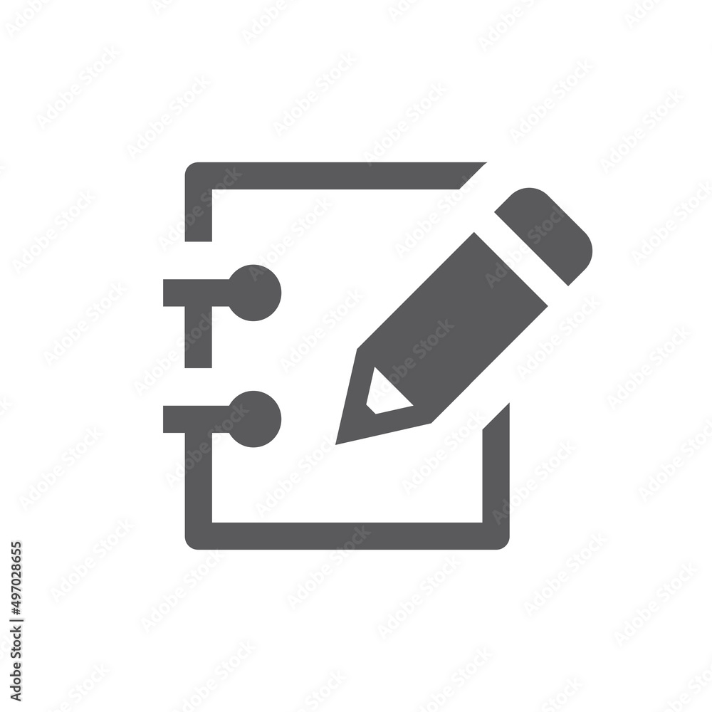 Notebook page and pencil black vector icon. Edit, organizer filled symbol. Notebook page and pencil black vector icon. Edit, organizer filled symbol.