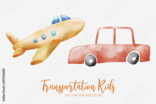 kids transportation car and plane watercolor set collection art graphic design illustration