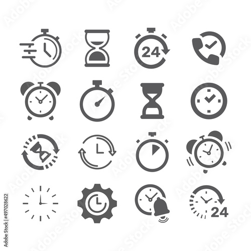 Clock, stopwatch black vector icon set. Chronometer, fast watch and 24 hours filled icons.
