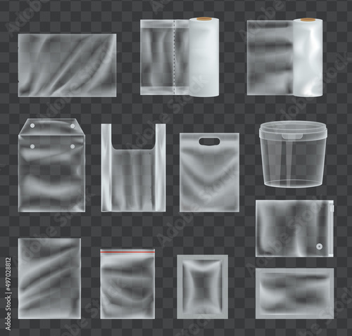 Set of realistic transparent plastic packaging film, packaging for food.