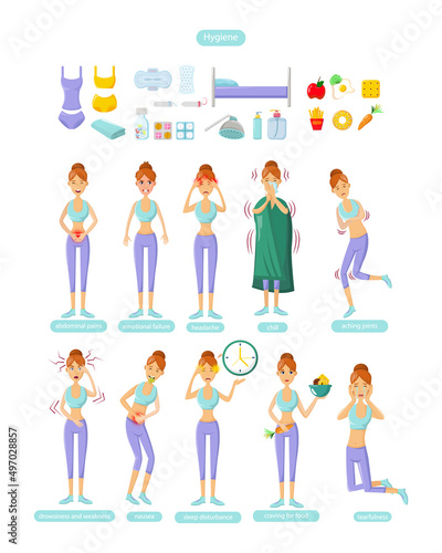 PMS - Young woman with premenstrual syndrome symptoms and Hygiene cartoon vector