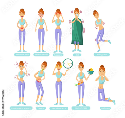 PMS - Young woman with premenstrual syndrome symptoms cartoon vector