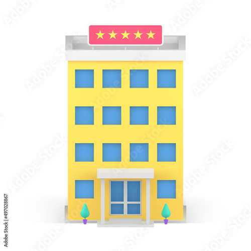 Multistory hotel building exterior five stars signboard realistic 3d icon isometric vector