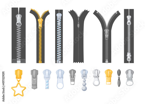 Metallic silver golden zipper with pulls. Realistic differents fastener with pullers for cloth, dress, pants