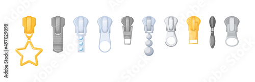 Realistic zipper for fasteners. Sliders puller set vector