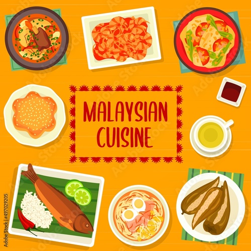 Malaysian cuisine menu cover page design. Fish curry, chilli shrimps and noodle soup Soto Ayam, Bak Kut Teh, pie Kuih Bakar Pandan and chilli peppers stuffed with fish, grilled fish with coconut crust
