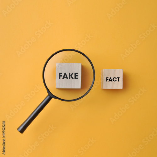 The words are fact and fake and a magnifying glass above it. Analysis of fake information photo