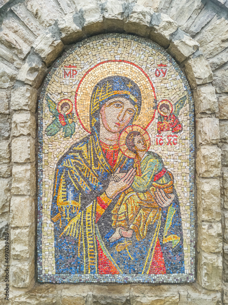 Smalt mosaic of the icon of the Virgin near the Church of the Holy Trinity of the Trinitarian Monastery.