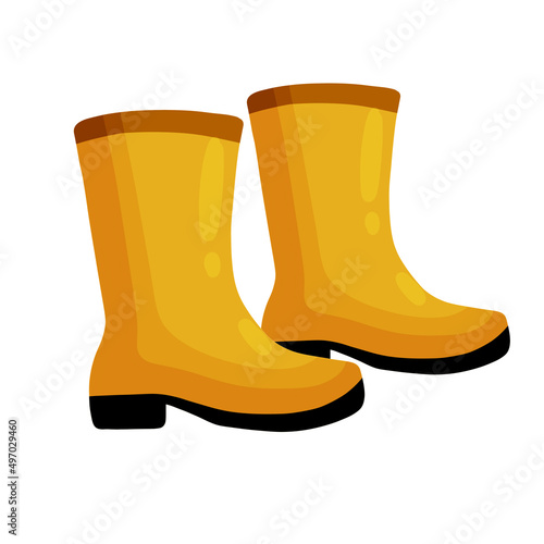 Rubber yellow boot. Waterproof rain shoes for fishing and gardening. Flat cartoon illustration