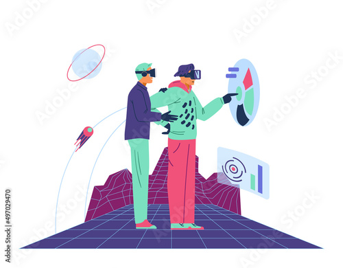 Two men colleagues in VR headsets and gloves working together on project in metaverse flat vector illustration. Metaverse for business concept.