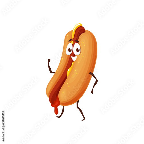 Cartoon fast food hotdog character, vector sausage happy in bun. Cute funny hot dog fastfood with mustard and ketchup, bbq restaurant or kids menu yummy smiling sandwich