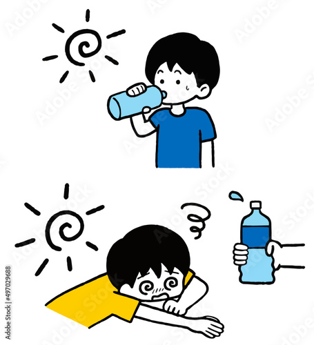 熱中症予防に水を飲む男児と熱中症の男児のイラストセット。