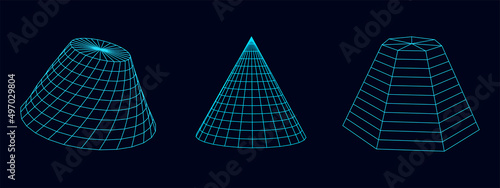 Set of deformed wireframe cones from different sides. Vector abstract geometric 3D objects. Technology block chain network connection.