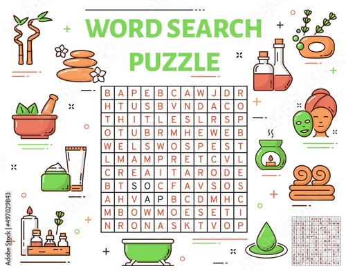 Spa and face beauty, skin health care word search puzzle quiz, game worksheet. Children logical riddle or educational puzzle, kids educational game with bathing cosmetics, spa stones and face mask