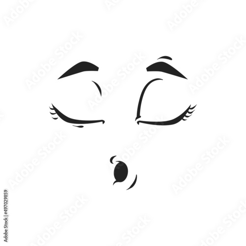 Cartoon whistling or sleeping face, vector emoji, funny facial expression with closed eyes and slightly open mouth. Character feelings, emotion isolated on white background