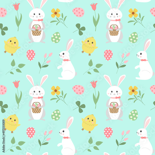 Spring easter seamless pattern. Repeat texture with bunny, chick, eggs, and flowers on bright background. For greeting cards, wrappings, fabrics.